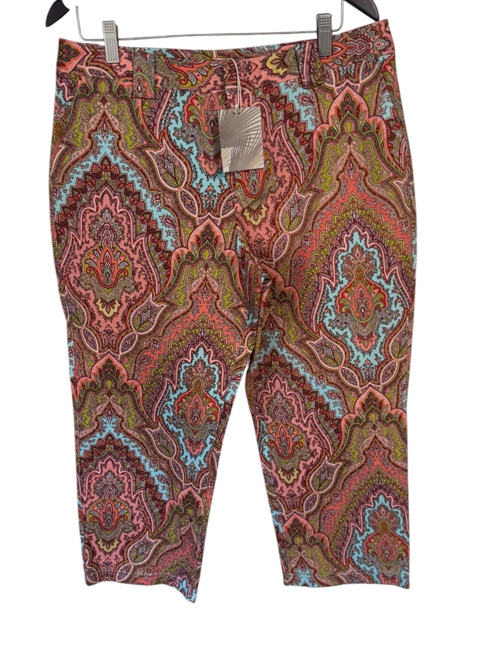 Tommy Bahama Pants Cropped Pink Orange Aqua Patterned Sz 14 Coastal Beach Casual